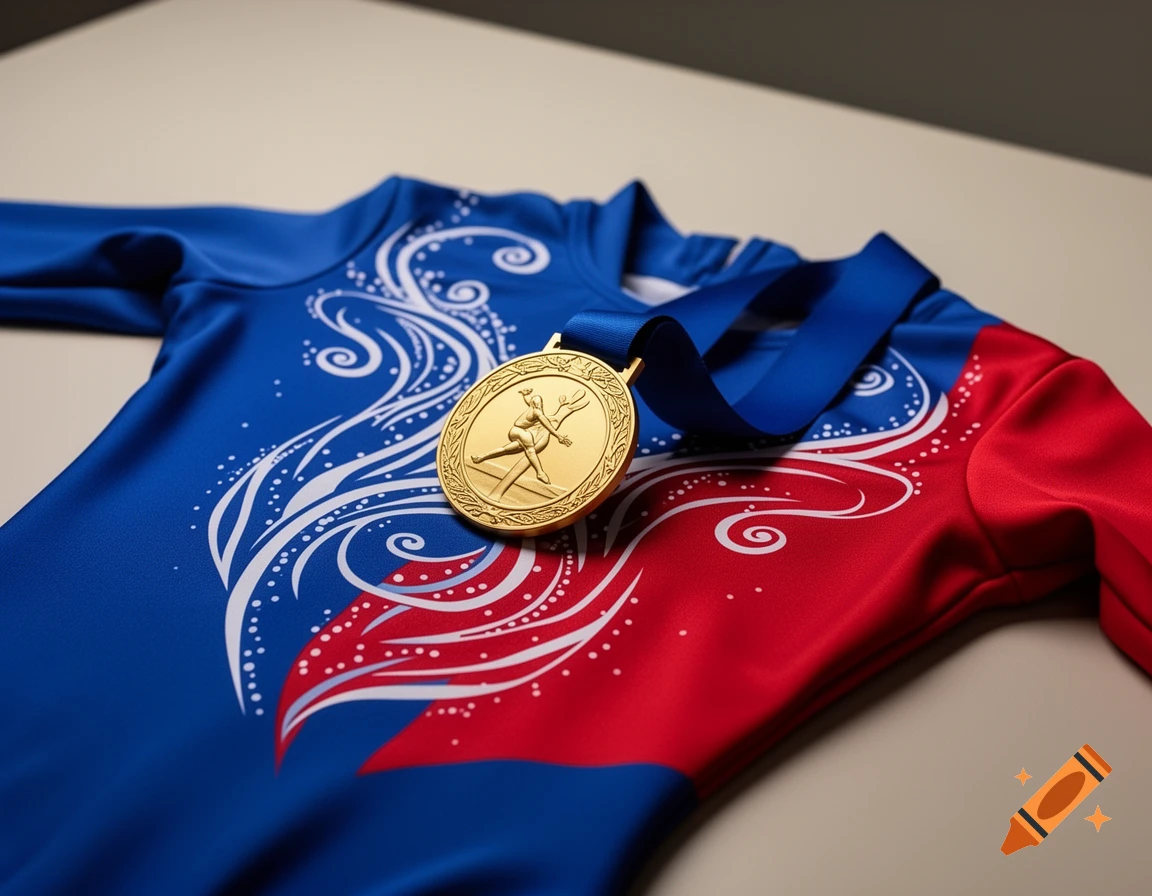 A gold gymnastics medal with a blue ribbon rests on a blue and red leotard adorned with white scroll patterns, photorealistic.