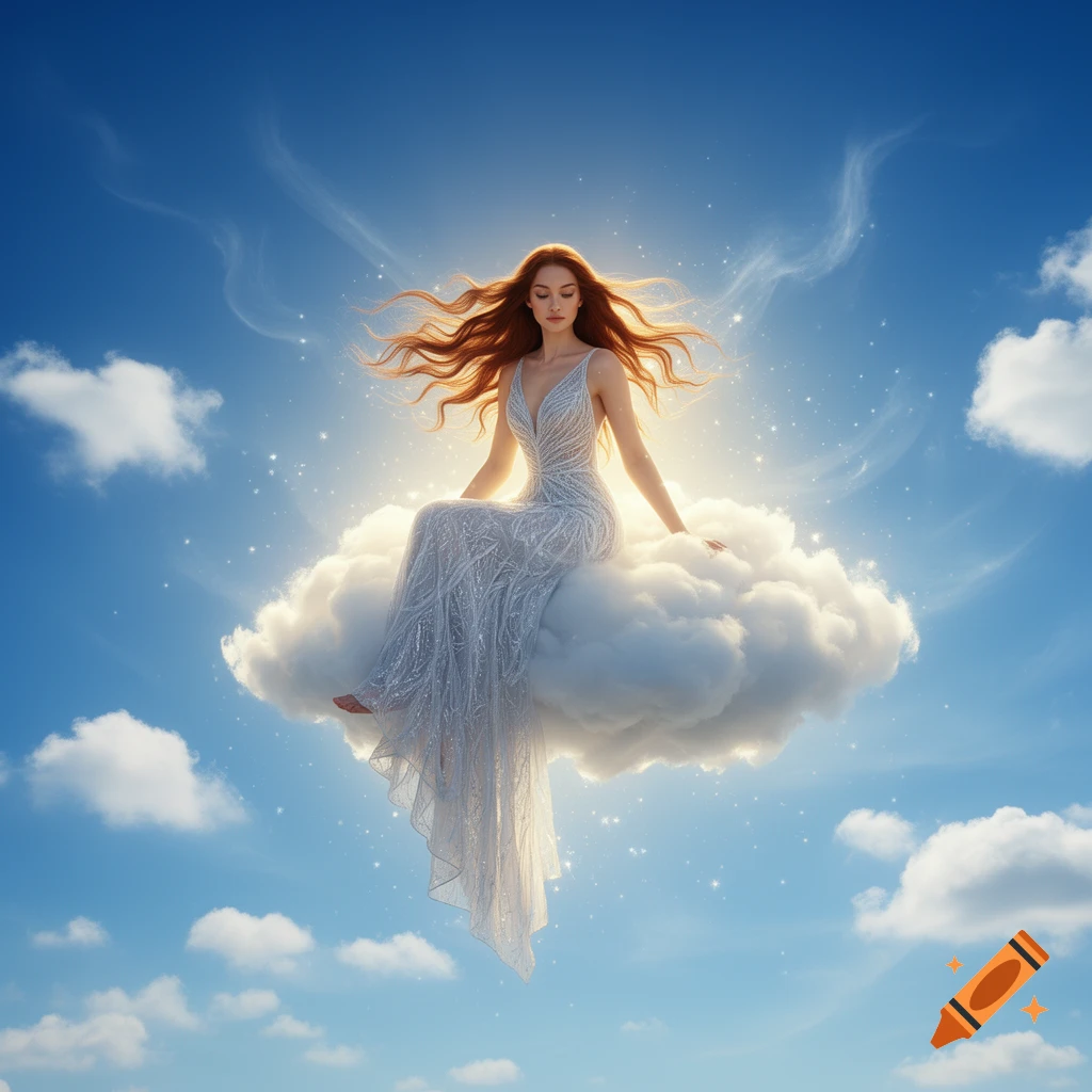 A woman with long red hair and a shimmering white gown sits on a glowing cloud in a bright blue, star-speckled sky.