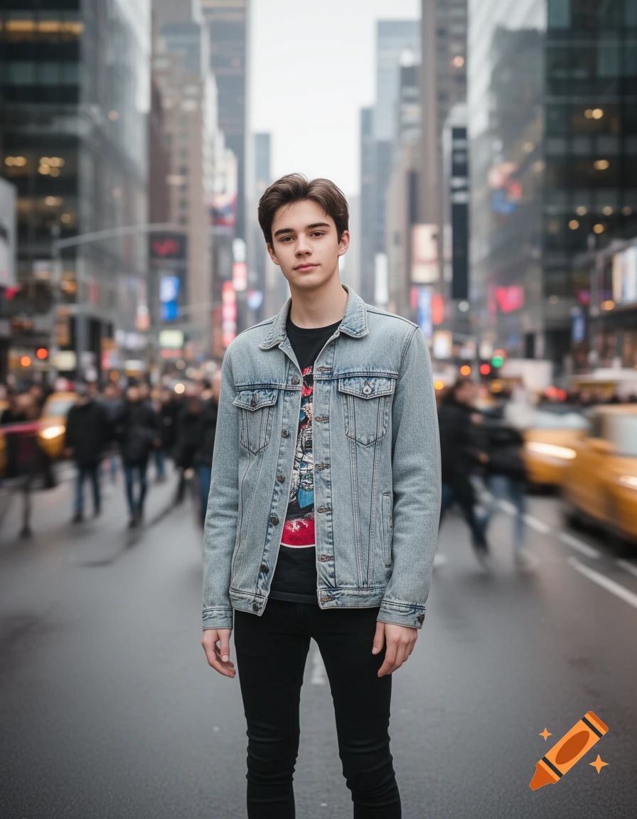 A young man in a denim jacket and black jeans stands in the middle of a ...