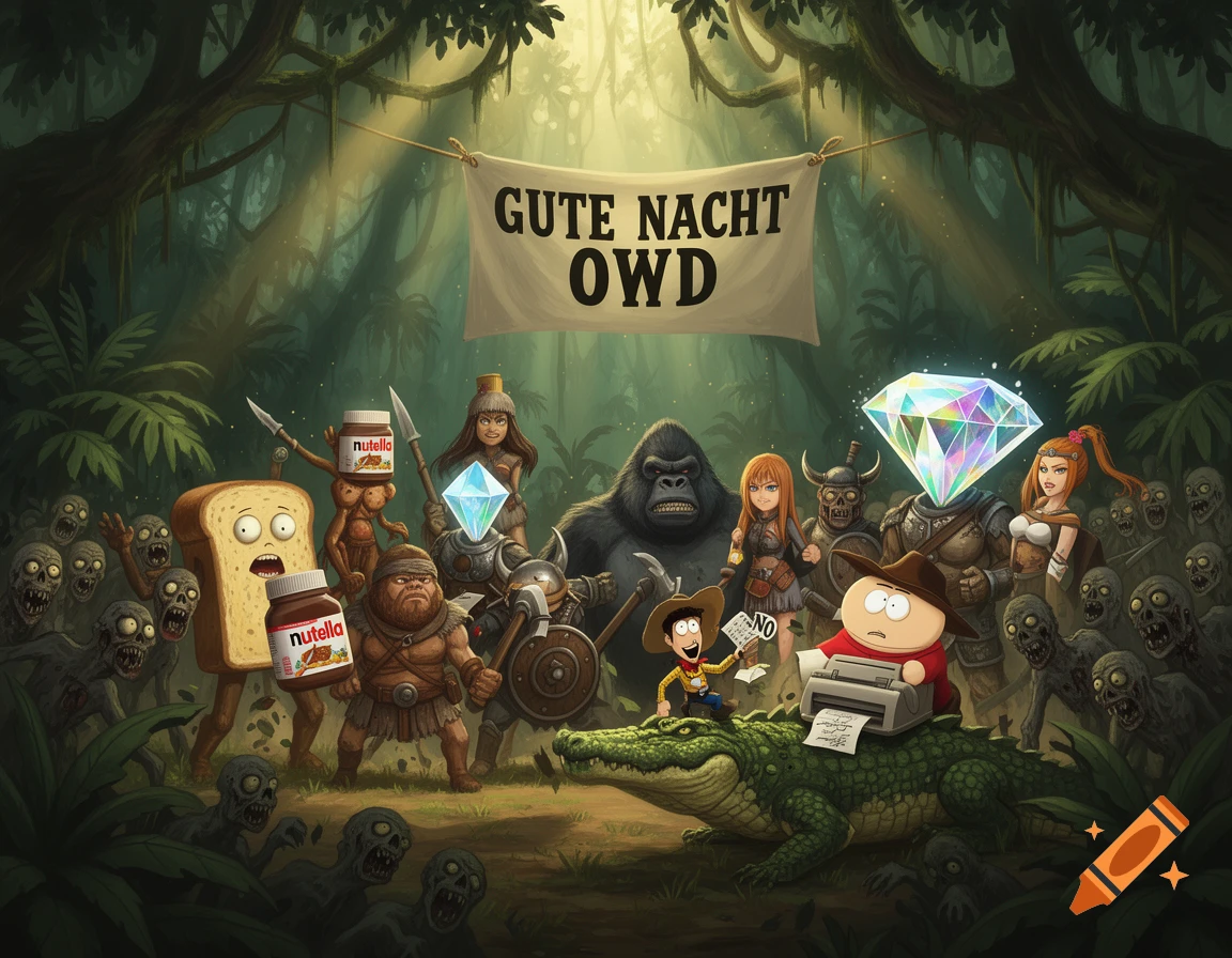 Cartoon army of diverse characters including a bread man, a gorilla, a diamond-head soldier, Vikings, Lucky Luke on a crocodile, and Cartman typing, battling stylized zombies in a jungle. A banner reads "GUTE NACHT OWD" above.