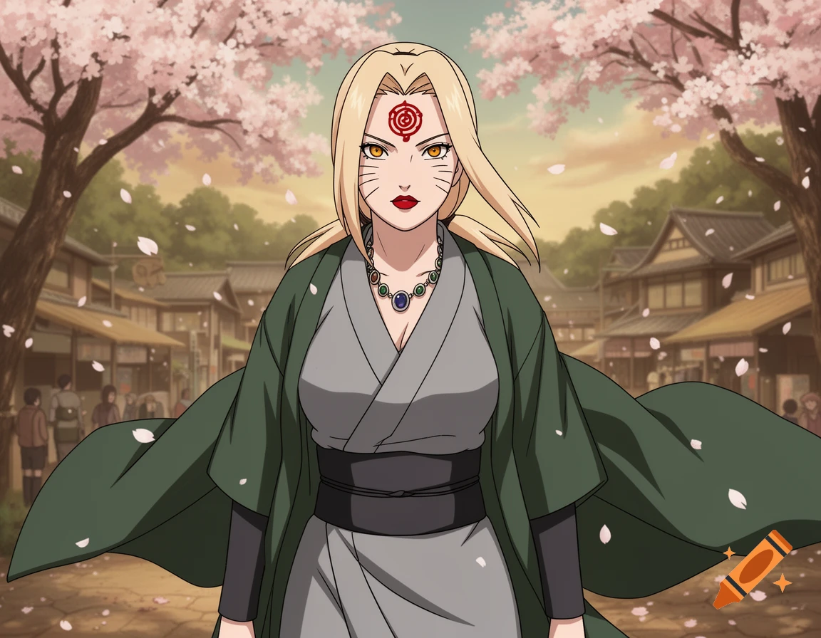 Anime woman, Tsunade, with blonde hair and red forehead marking, stands in a traditional Japanese village under cherry blossoms.