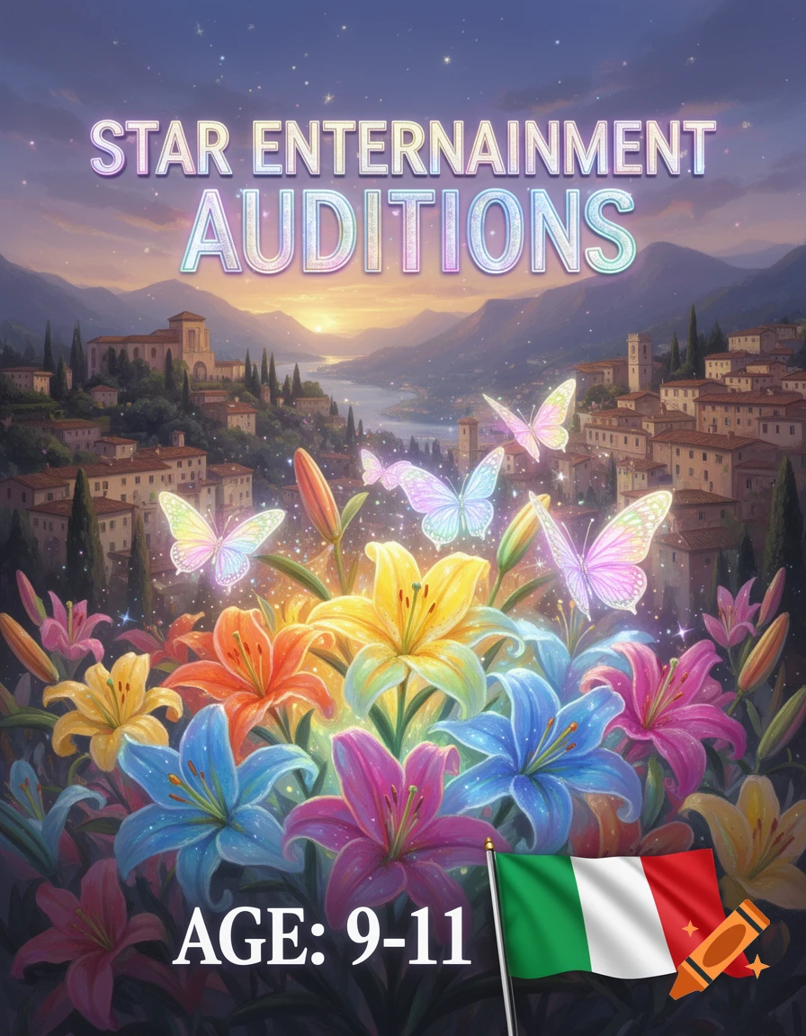 Magical K-pop audition poster with colorful lilies, glowing butterflies, an Italian flag, and text 'STAR ENTERNAINMENT AUDITIONS' and 'AGE: 9-11' above an Italian town at sunset.