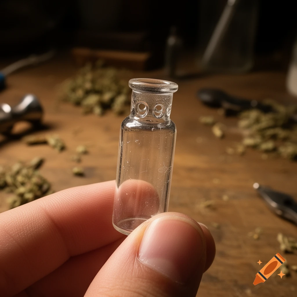 A hand holds a small clear glass vial with three holes near its mouth, against a blurred background of green botanical material.