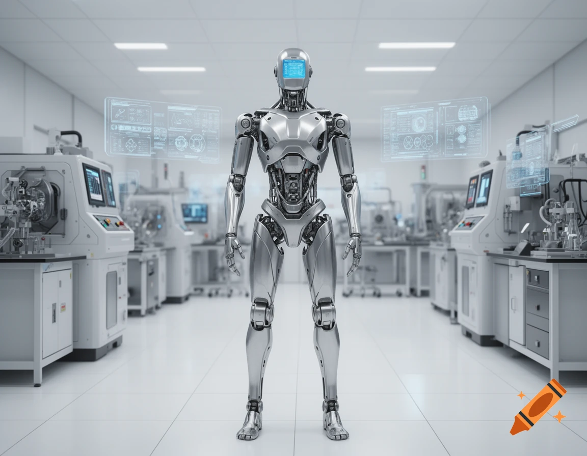 Photorealistic image of a metallic robot standing in a futuristic laboratory filled with machinery and holographic displays.