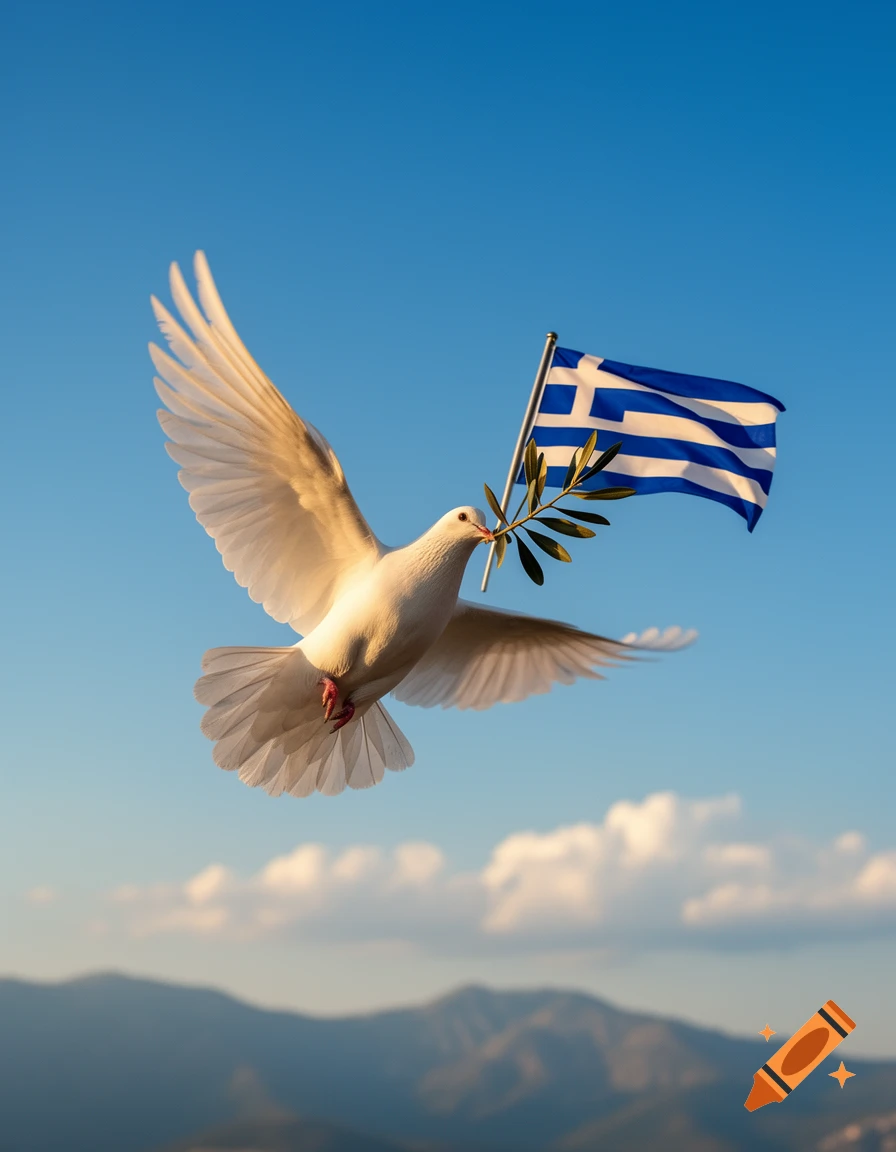 A white dove flies against a blue sky, holding a Greek flag and an olive branch, with blurred mountains below.