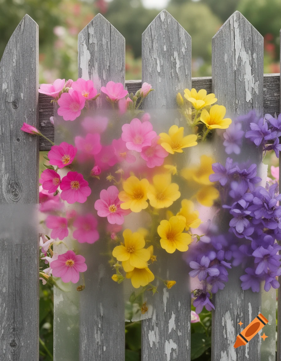 Colorful pink, yellow, and purple flowers bloom behind a weathered wooden fence with a distorted central area.