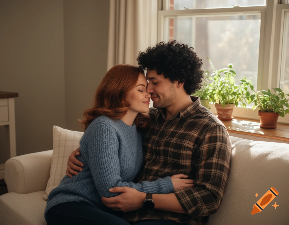 Photorealistic image of a diverse couple affectionately cuddling on a sofa by a sunlit window.