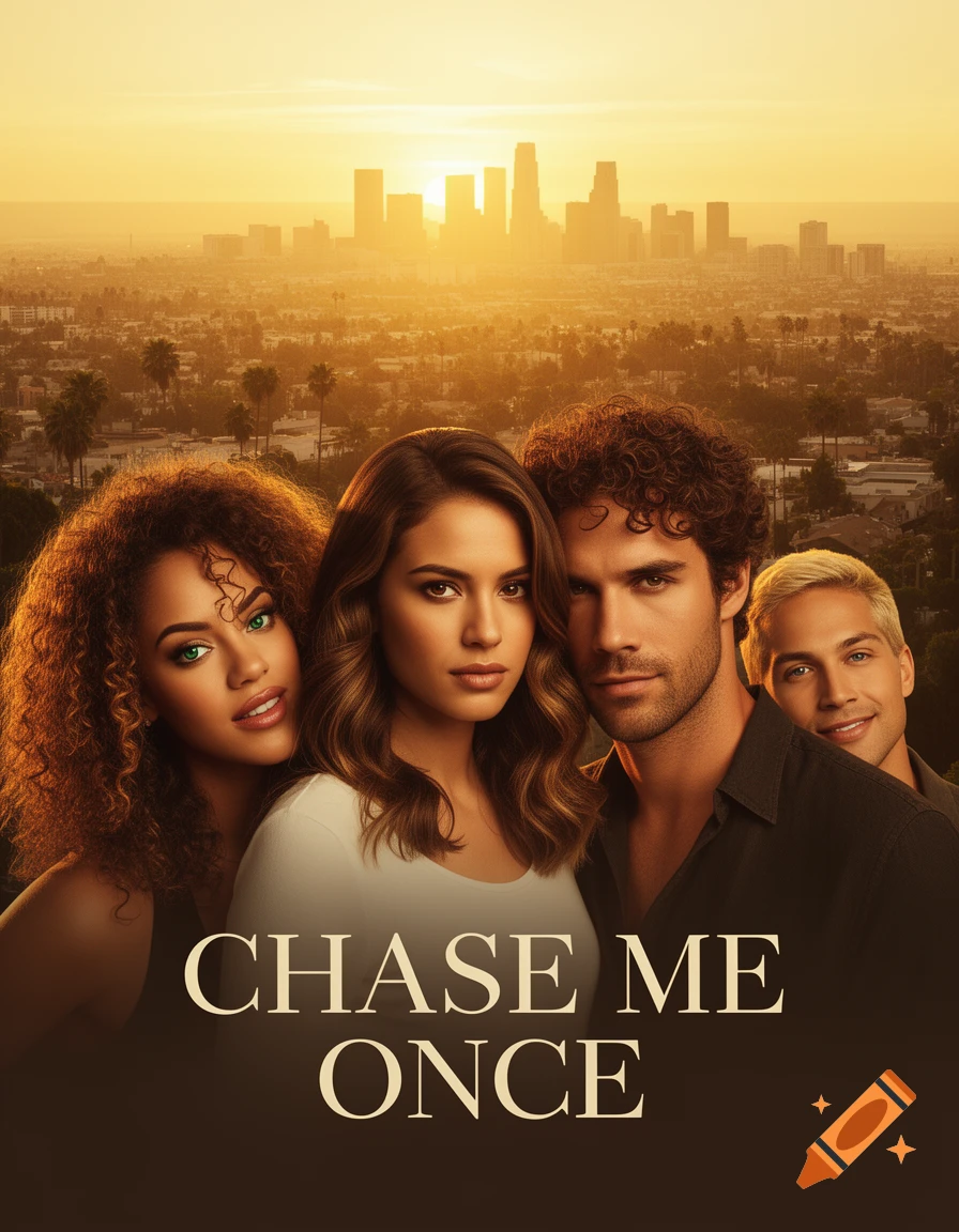 Four people on a cinematic movie poster with 'CHASE ME ONCE' against a golden Los Angeles sunset skyline.
