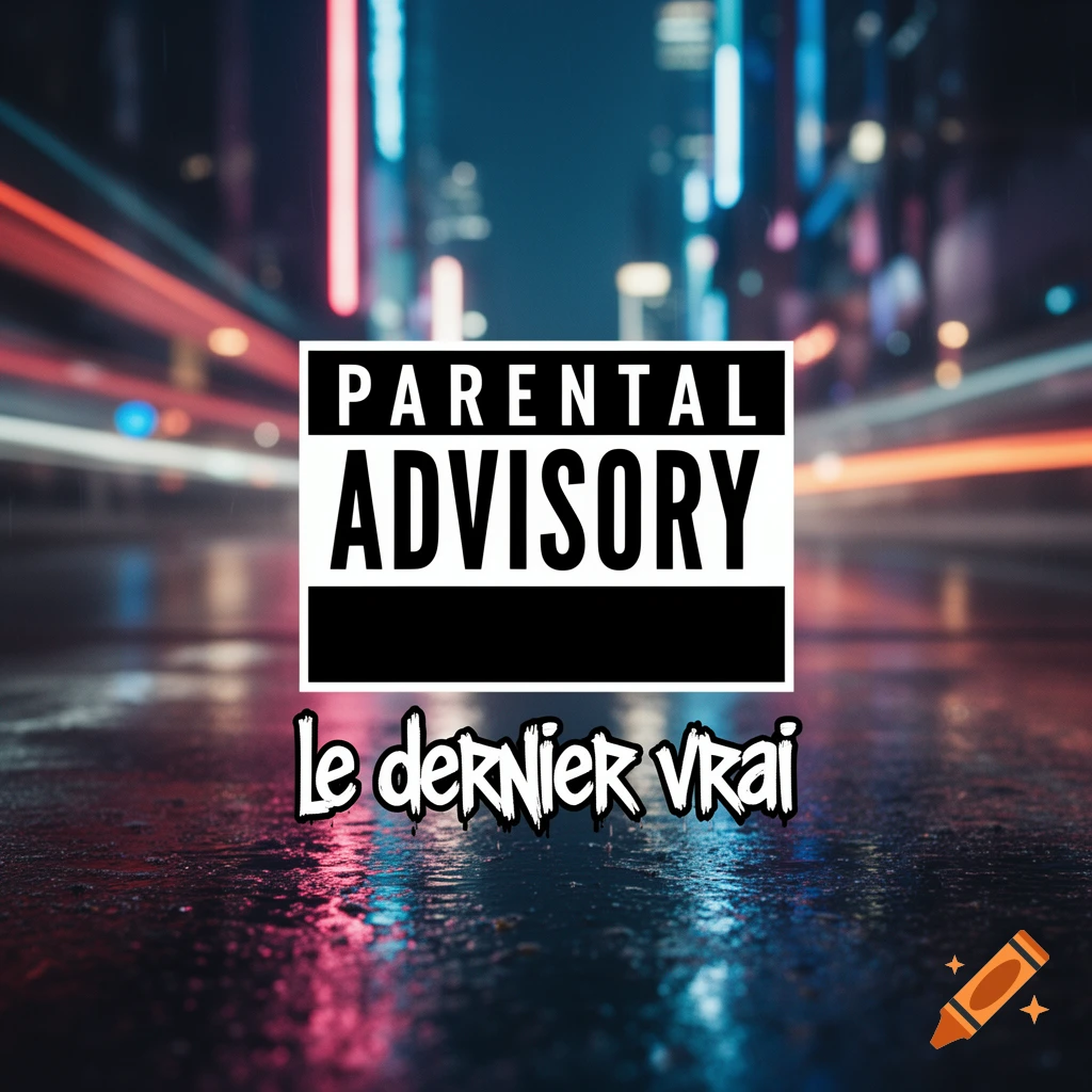 Parental Advisory label and 'le dernier vrai' text over a blurry, rainy night city background with colorful light reflections.