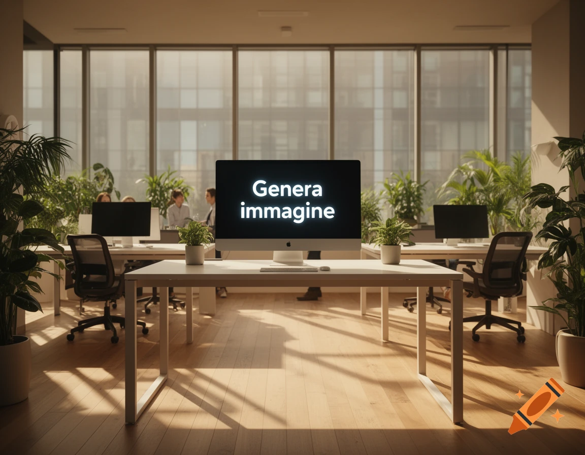 A modern office with desks, computers, and plants, with a central monitor displaying 'Genera immagine' in white text on a black background.