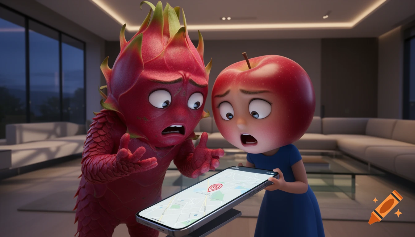 An anthropomorphic dragon fruit and apple look shocked at a map on a smartphone in a modern living room.