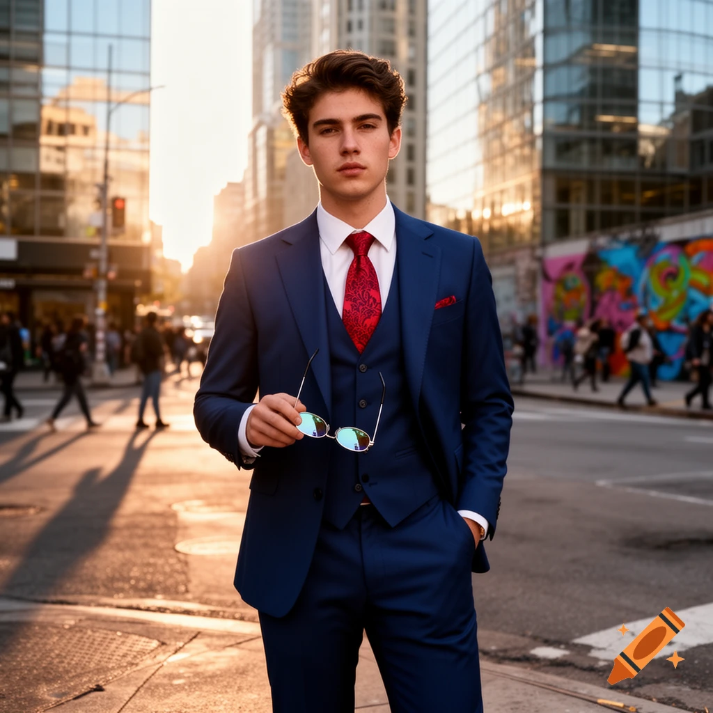 A young man in a sharp navy blue suit and red tie stands on a city street at sunset, holding sunglasses, with blurred buildings and people in the background.