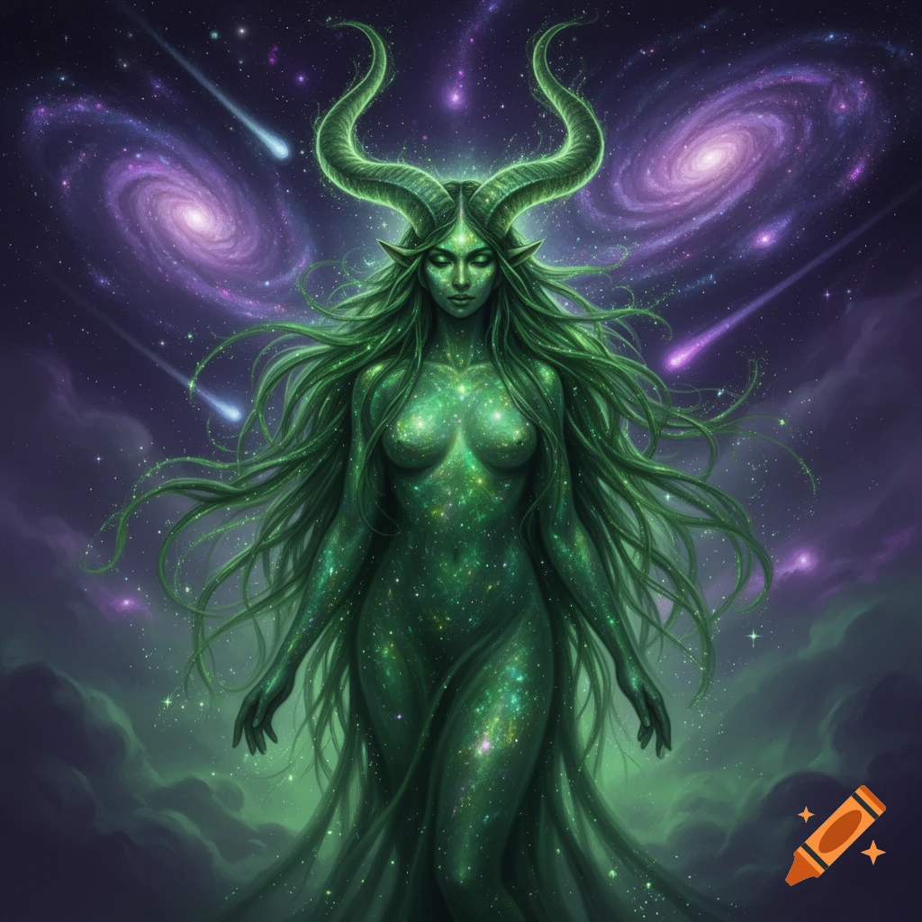 An ethereal green cosmic goddess with long flowing hair and giant horns stands against a backdrop of galaxies and shooting stars.