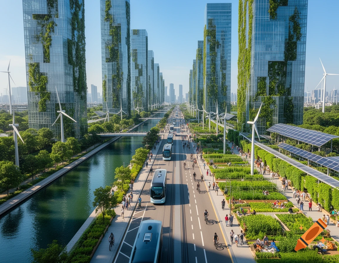 High-angle view of a futuristic sustainable city with green skyscrapers, wind turbines, solar panels, and a bustling street.