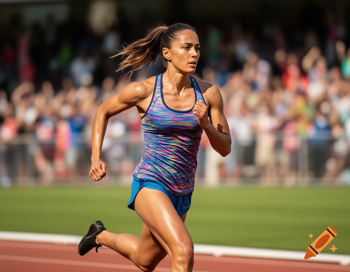 A muscular female athlete runs intently on a track, with a blurred stadium crowd in the background.
