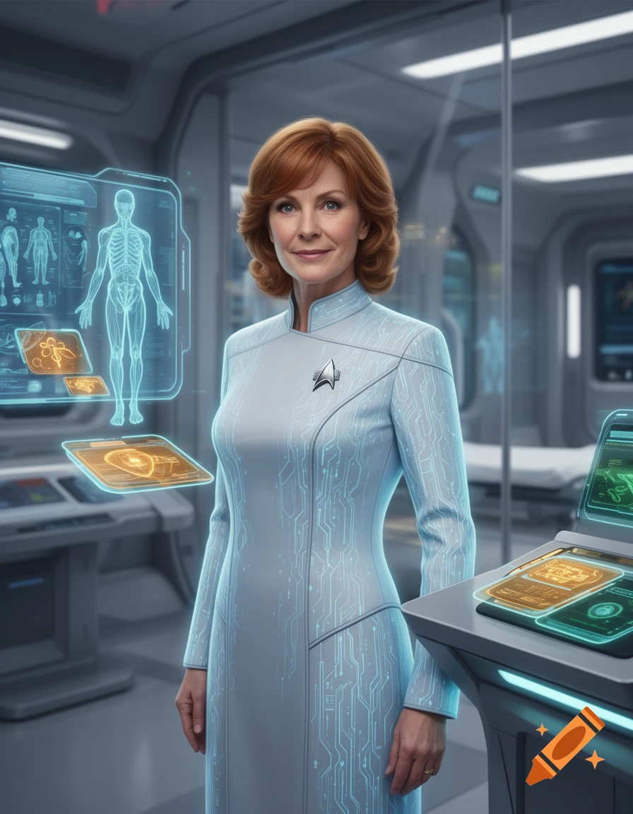 A smiling woman in a light blue futuristic uniform with a Starfleet-like badge stands in a medical bay with holographic screens.