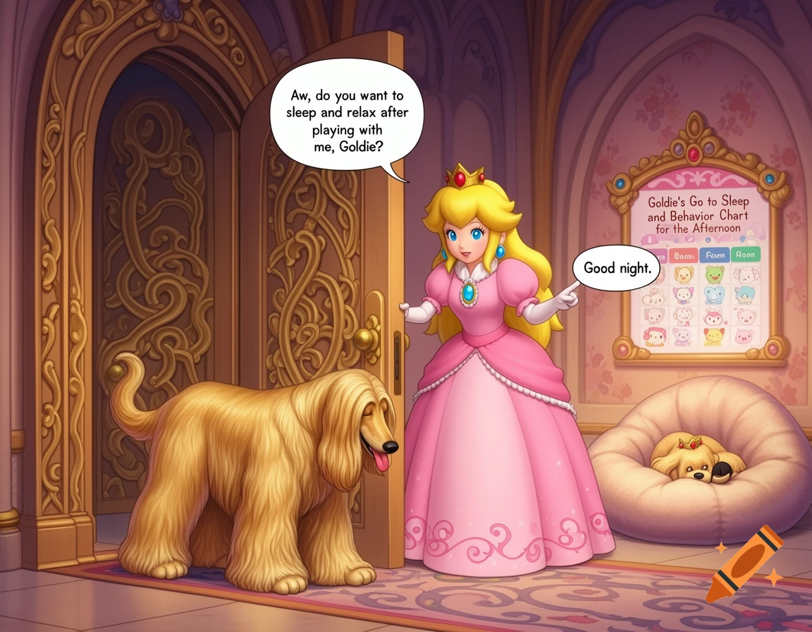 Princess Peach in her castle welcomes a large Afghan hound into a room where a smaller dog sleeps in a beanbag, with a behavior chart on the wall. Cartoon style.