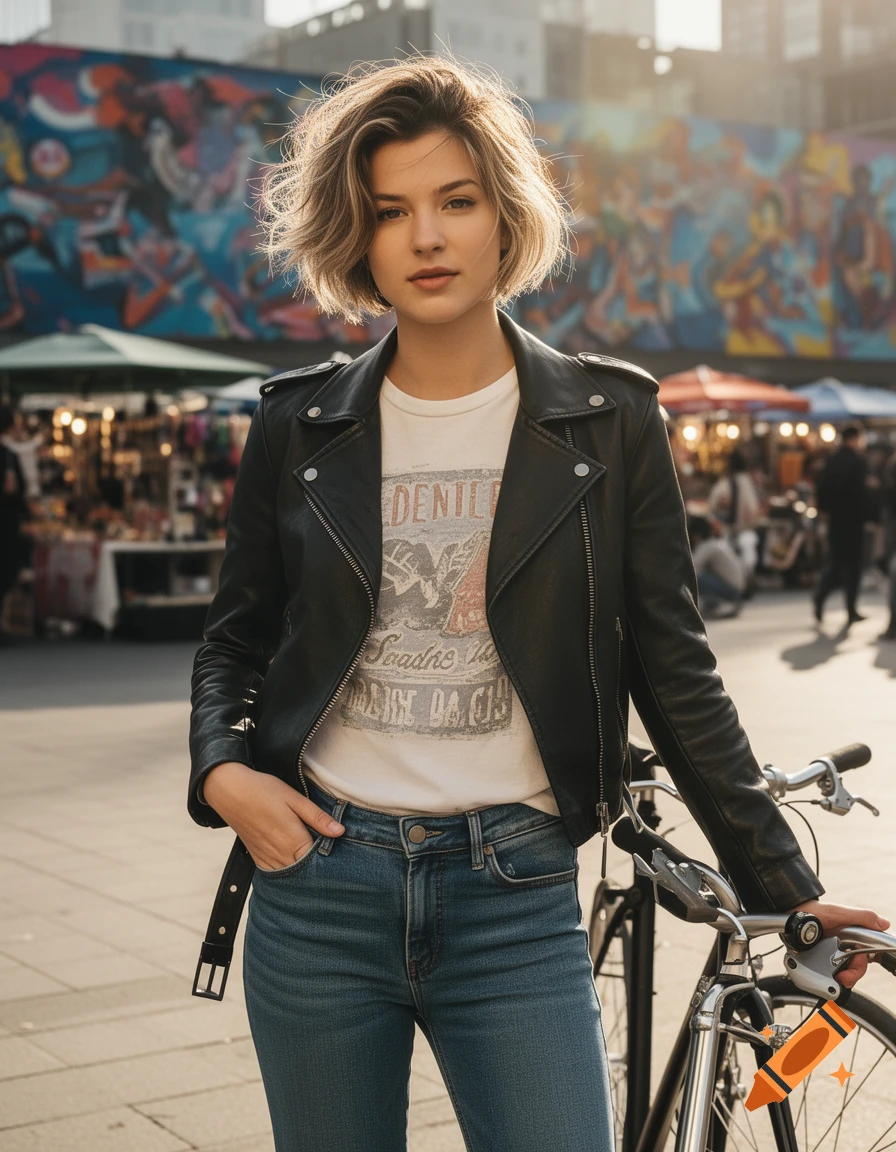A woman with short hair in a black leather jacket and jeans stands next to a bicycle in an urban market with a colorful mural.