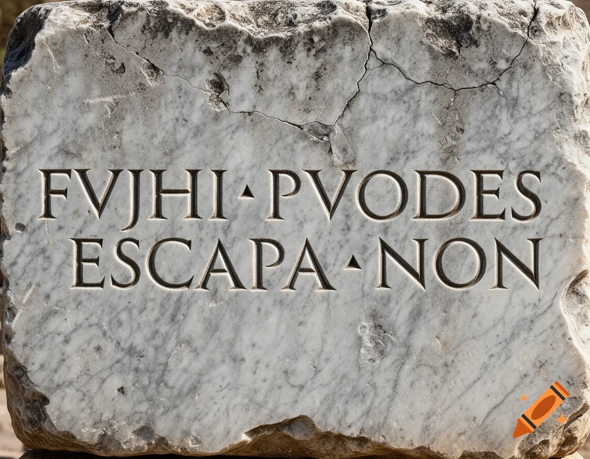 A high-resolution photo of an ancient Roman white marble slab with the inscription 'FVJHI PVODES ESCAPA NON' carved into it.