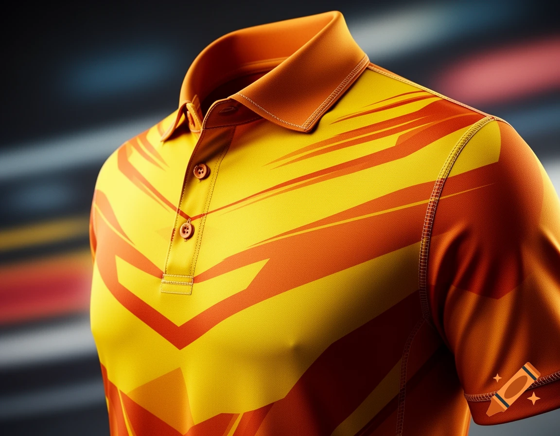 Close-up of a yellow and orange polo shirt with artistic, motorsport-inspired patterns.