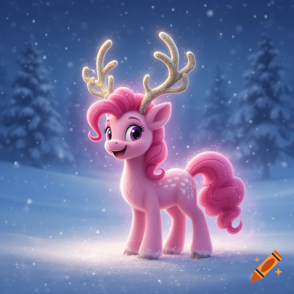 A cheerful pink cartoon pony with glowing golden antlers stands in a snowy winter forest.