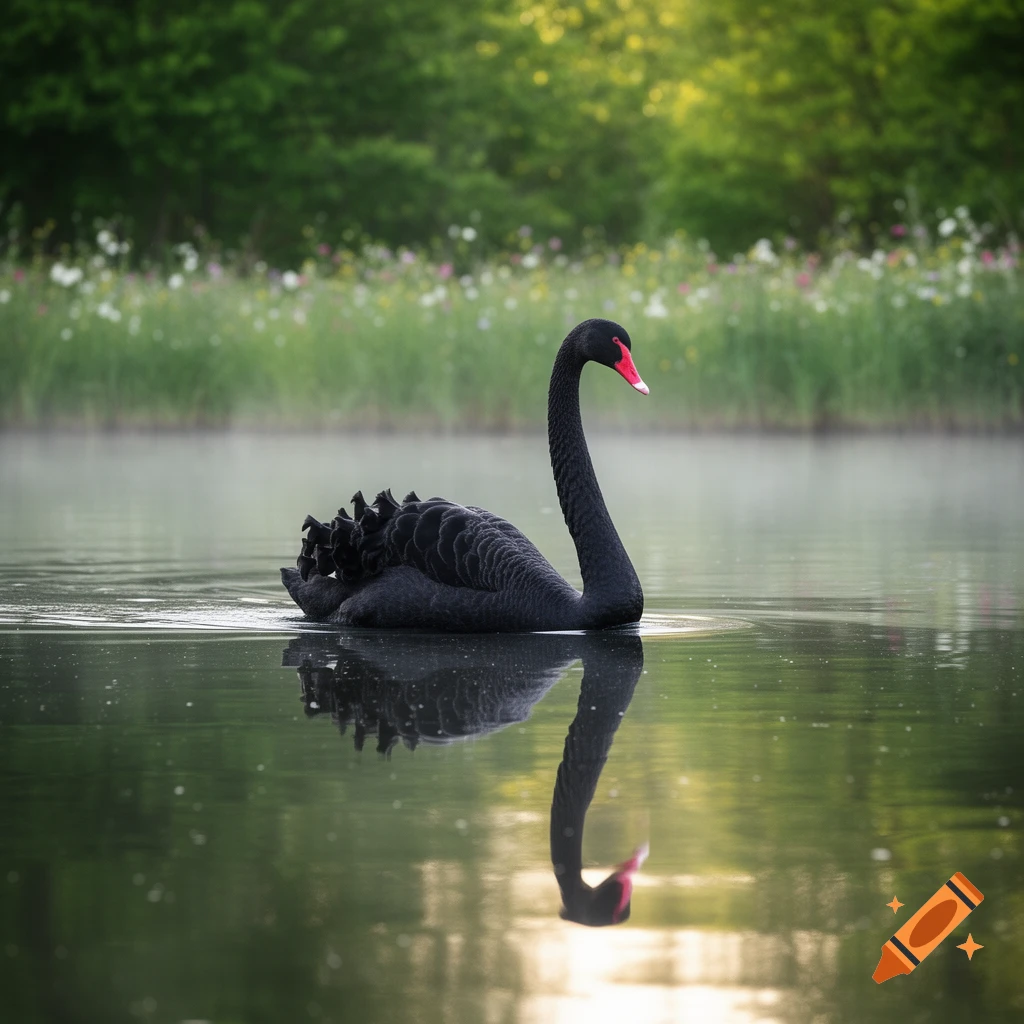 A majestic black swan with a red beak floats gracefully on a calm lake, its reflection visible in the water, surrounded by lush green foliage.