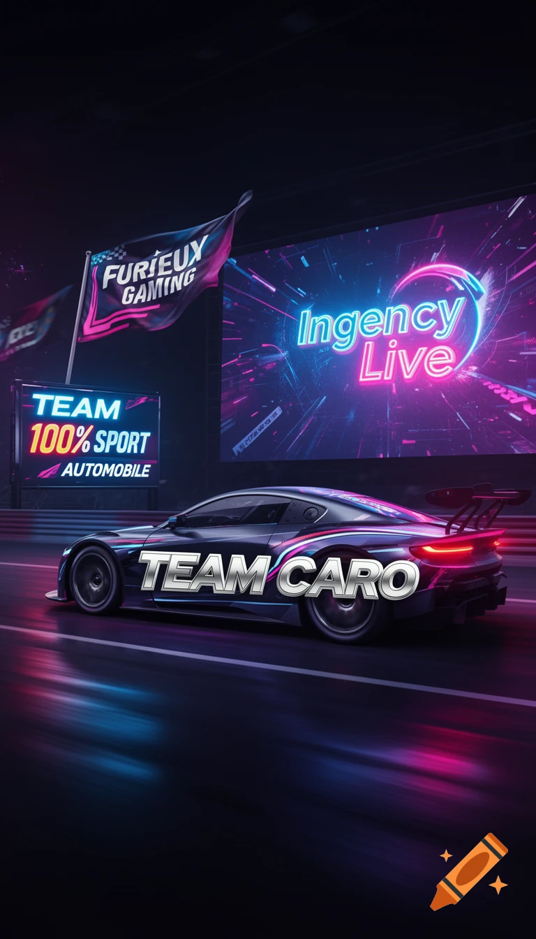 A sleek sports car with 'TEAM CARO' on its side races on a neon-lit track at night, with 'FURIEUX GAMING', 'Ingency Live', and 'TEAM 100% SPORT AUTOMOBILE' displayed on screens.