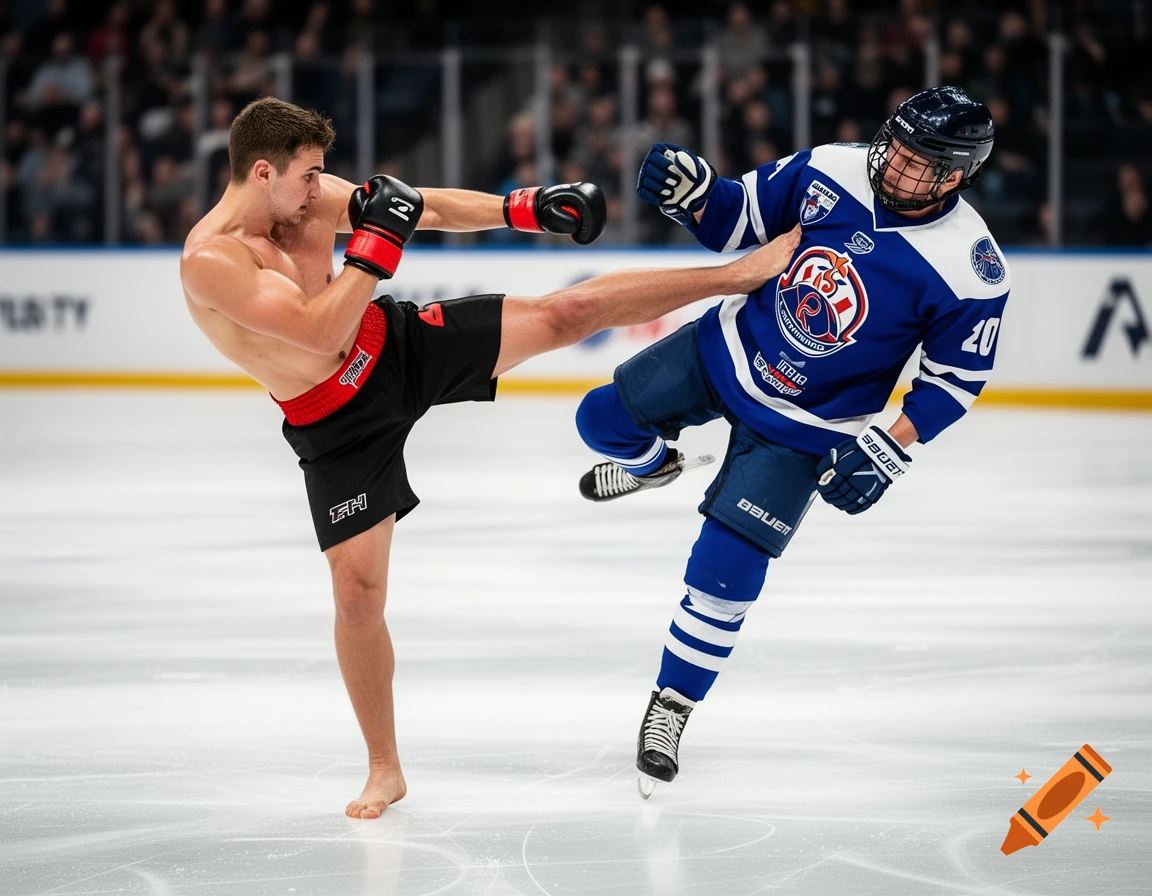 A bare-chested kickboxer in black shorts and red gloves delivers a high kick to an ice hockey player in a blue jersey on an ice rink.