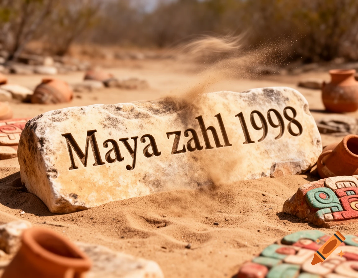 A carved stone tablet with "Maya zahl 1998" on it, partially covered by sand, surrounded by ancient pottery in a desert landscape.