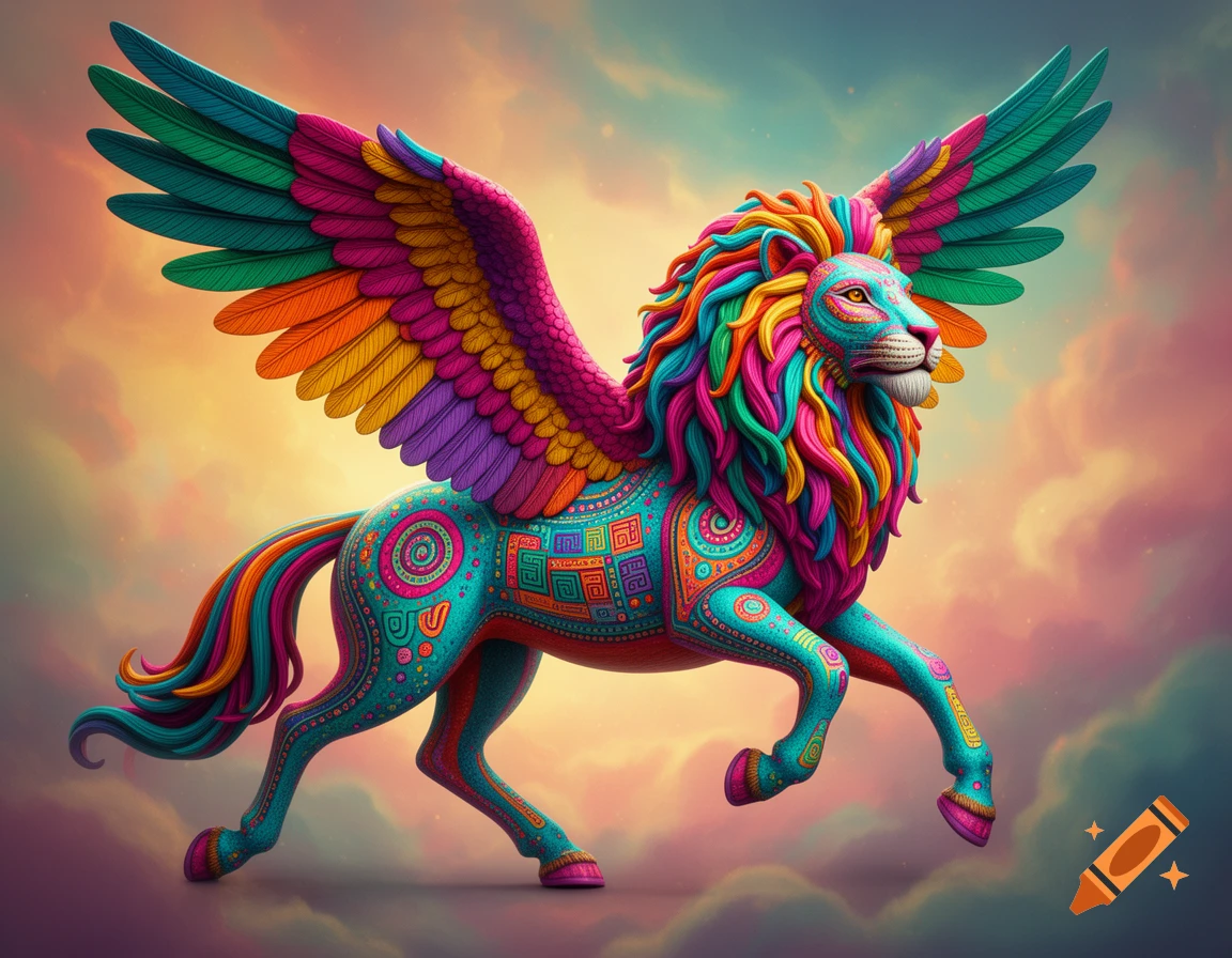 A vibrant alebrije creature with a lion's head, horse body, and colorful bird wings, covered in intricate patterns, against a dreamy sky.