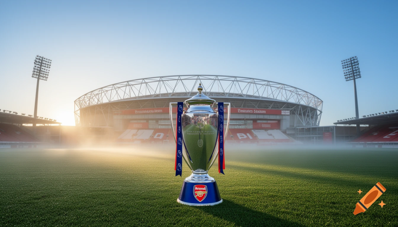 A photorealistic image of the Premier League trophy on a football pitch, with the Emirates Stadium in the background during sunrise.