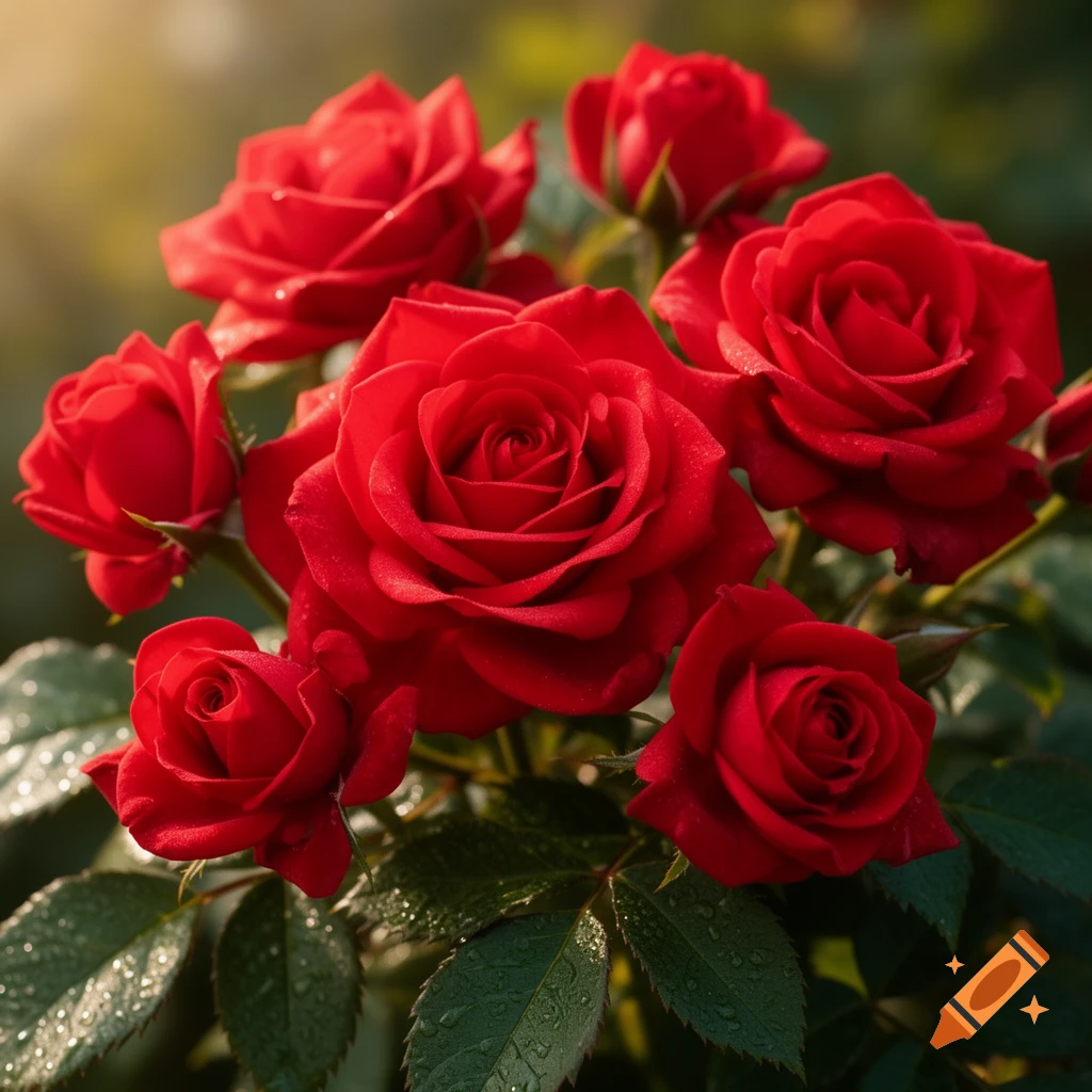 Close-up of vibrant red roses with dew drops on green leaves, bathed in soft sunlight.