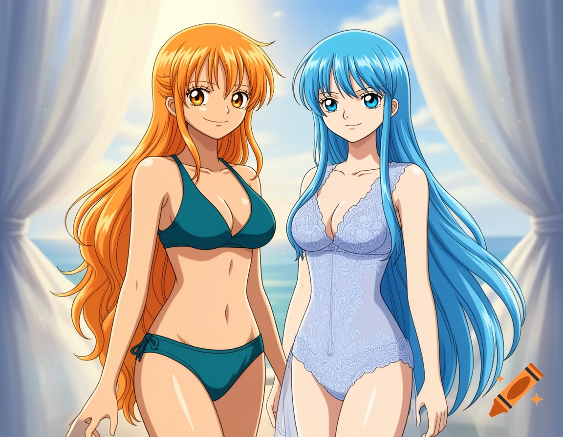 Two anime women, one with orange hair in a teal bikini and one with blue hair in a light blue lace bodysuit, stand on a sunny beach.