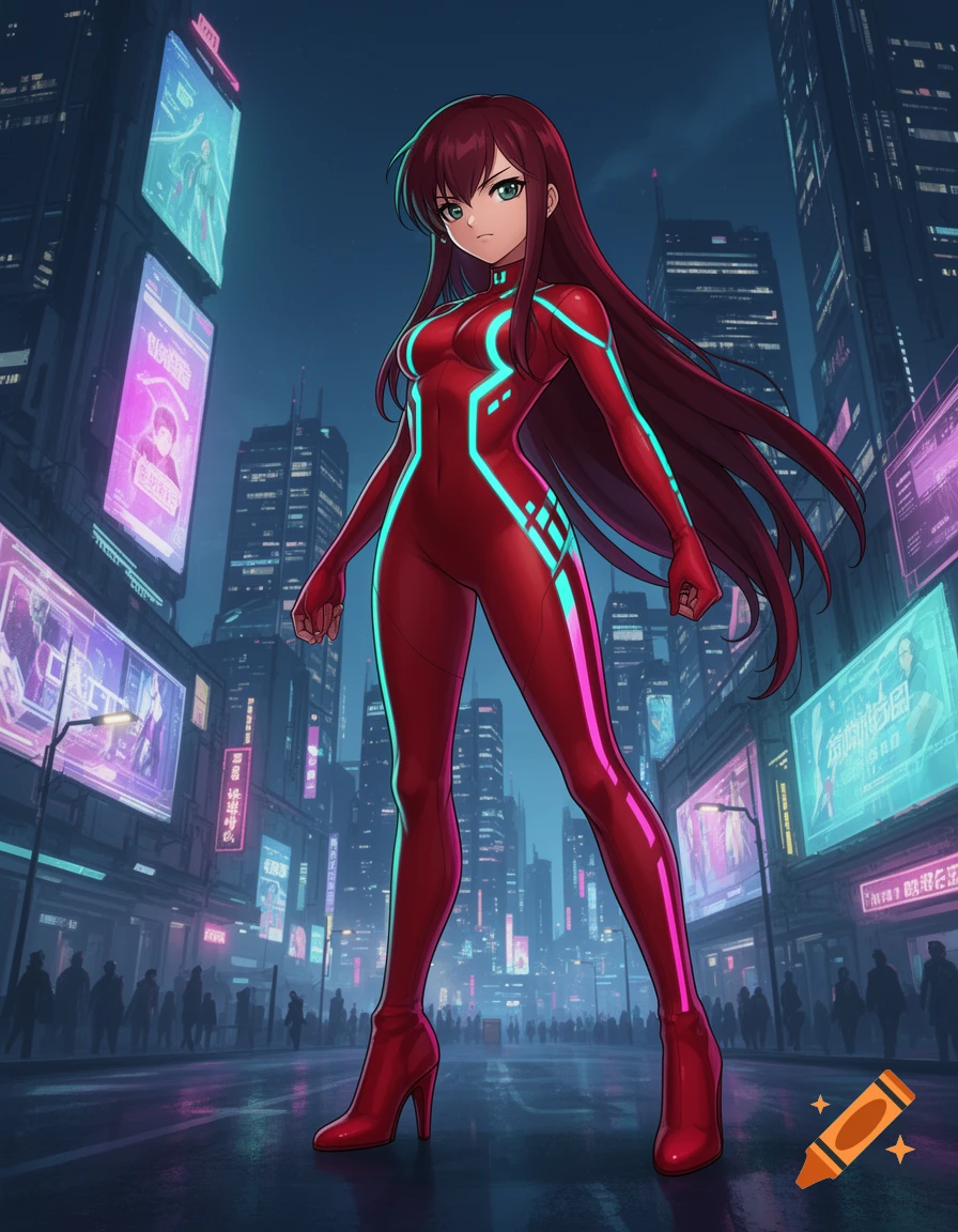 An anime girl with long dark red hair, wearing a red catsuit with glowing teal stripes and red heel boots, stands in a neon-lit cyberpunk city.