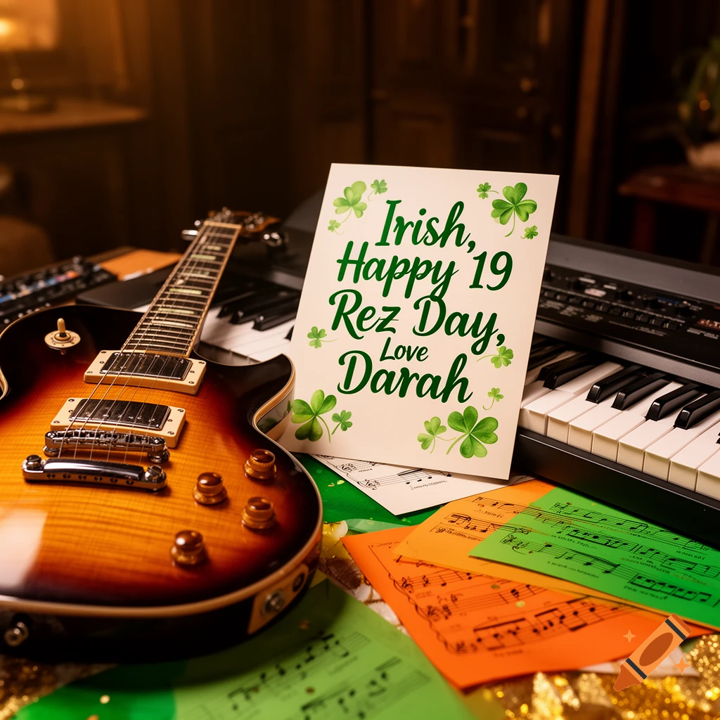 An electric guitar and keyboard next to colorful sheet music, featuring a St. Patrick's Day card reading 'Irish, Happy 19 Rez Day, Love Darah'.