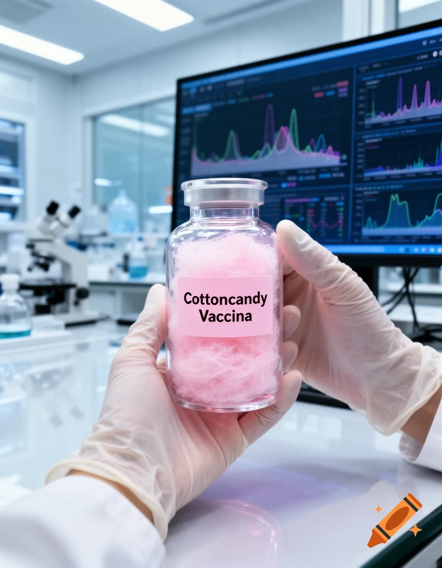 Close-up of gloved hands in a lab holding a vial of pink cotton candy labeled 'Cottoncandy Vaccina', with a monitor displaying graphs in the background.