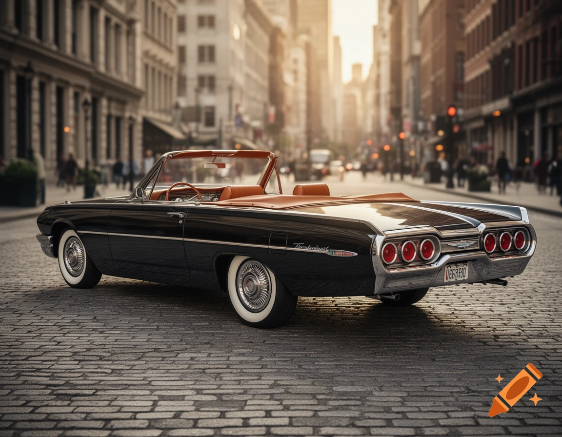 A black 1963 Ford Thunderbird convertible with a brown interior is parked on a cobblestone city street with buildings and blurred traffic in the background.