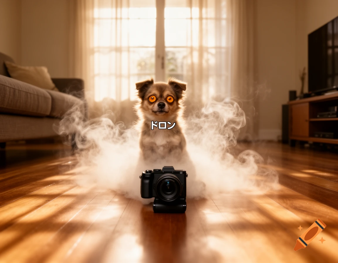 A small dog with glowing orange eyes sits amidst smoke with a camera in a living room. Japanese text 'ドロン' is on its chest.