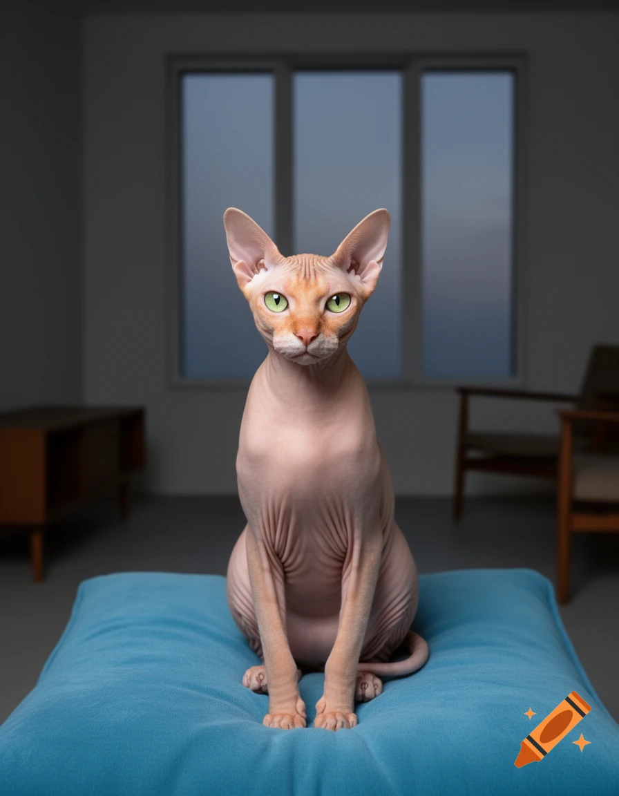 A photorealistic Sphynx cat with green eyes sits on a blue cushion in a room with a large window.