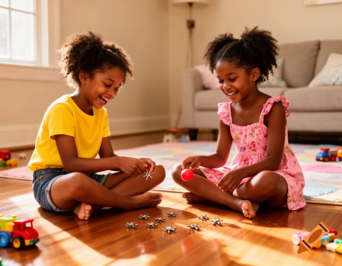 Two smiling African American girls sitting on a wooden floor, playing with jacks and toys in a sunlit living room.