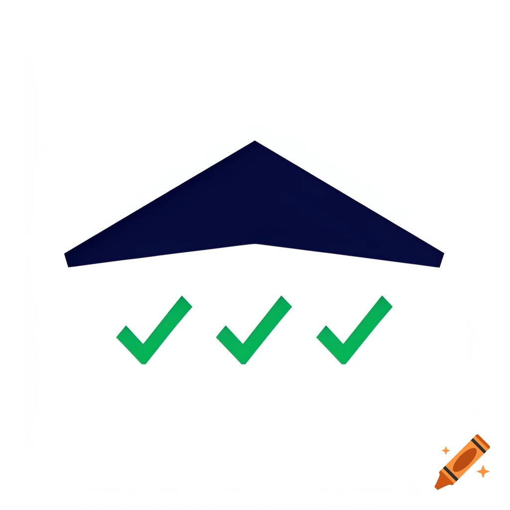 A dark blue roof shape hovering above three green checkmarks on a white background.