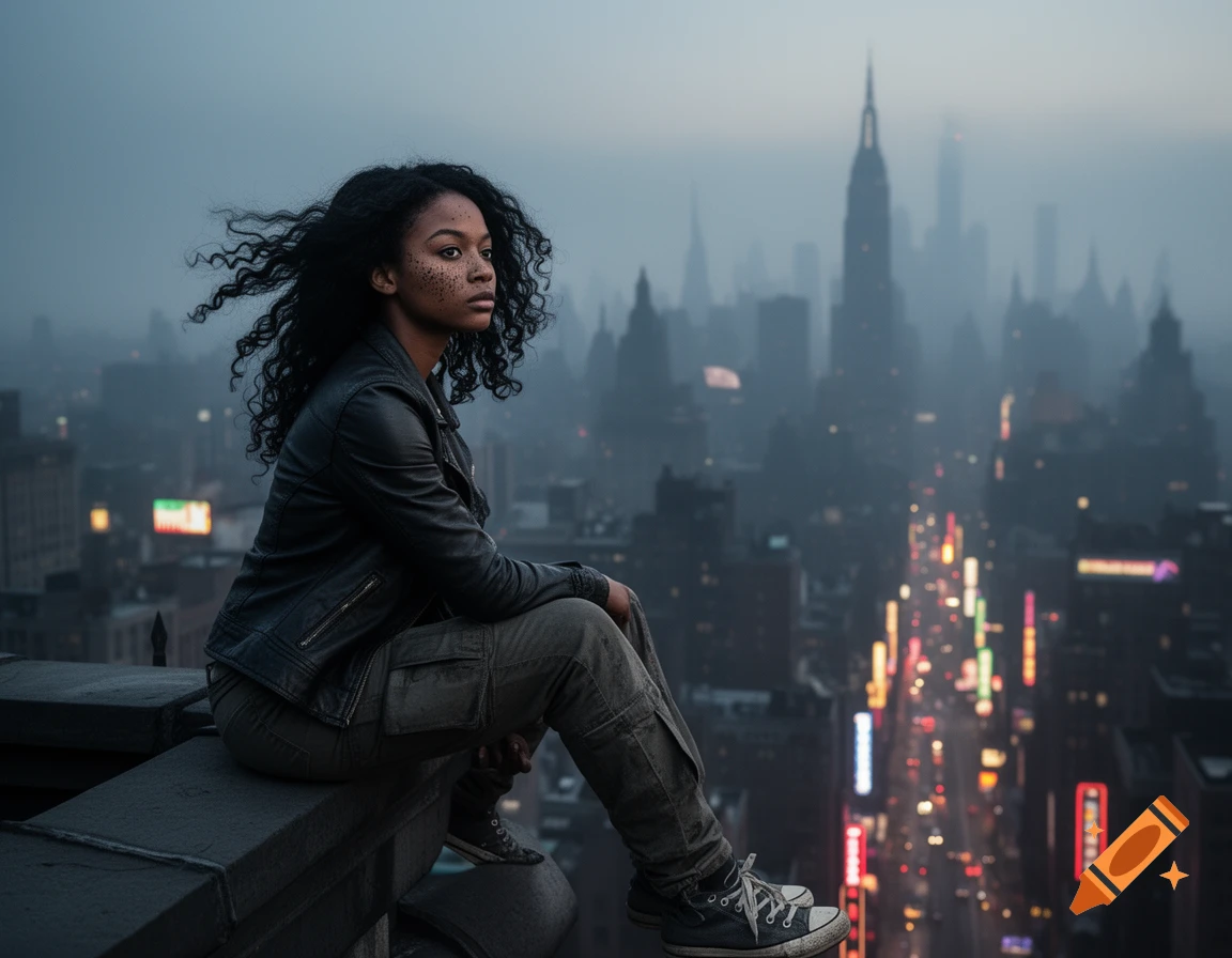 A young Black woman with curly hair sits on a rooftop ledge overlooking a misty city skyline at night, with streetlights glowing below.