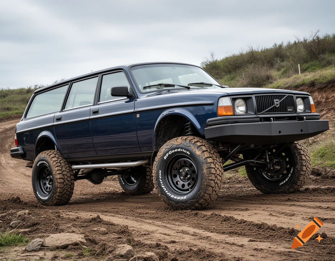 A dark blue, heavily jacked-up Volvo station wagon with large off-road tires on a muddy dirt trail, under a cloudy sky.