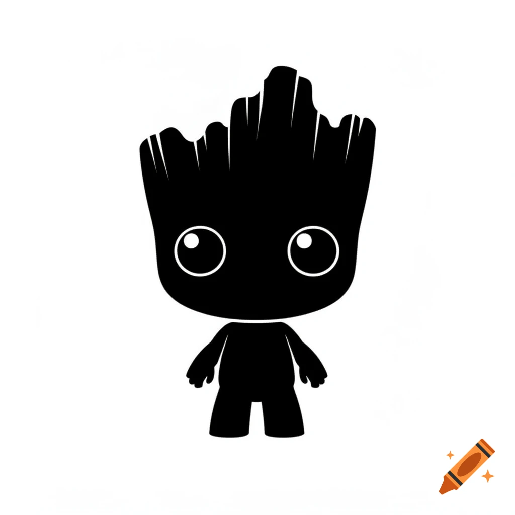 A simple black silhouette of a cute chibi baby Groot with minimal details.