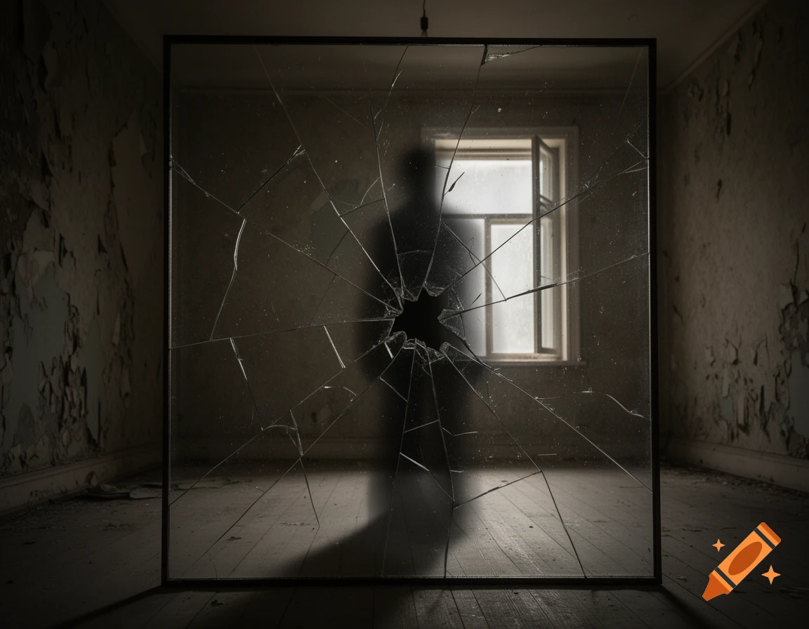 Dark, eerie room with peeling paint, featuring a broken mirror reflecting a shadowy figure and a bright window.