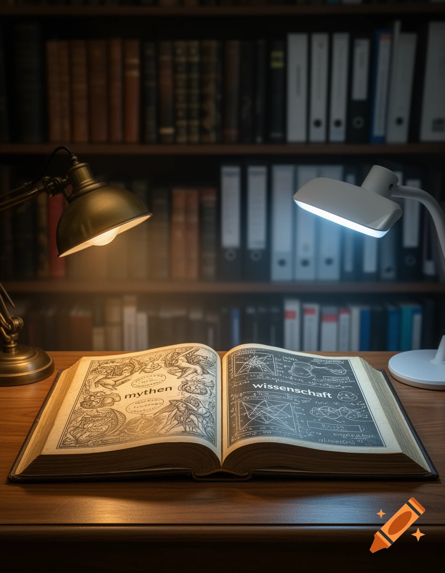 Open book displaying 'mythen' and 'wissenschaft' on a wooden desk, illuminated by two lamps, with a blurry bookshelf background.