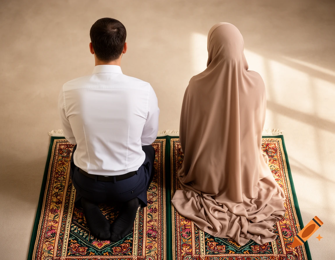 A man in a white shirt and a woman in a beige hijab kneeling on colorful prayer mats, viewed from behind in a sunlit room.