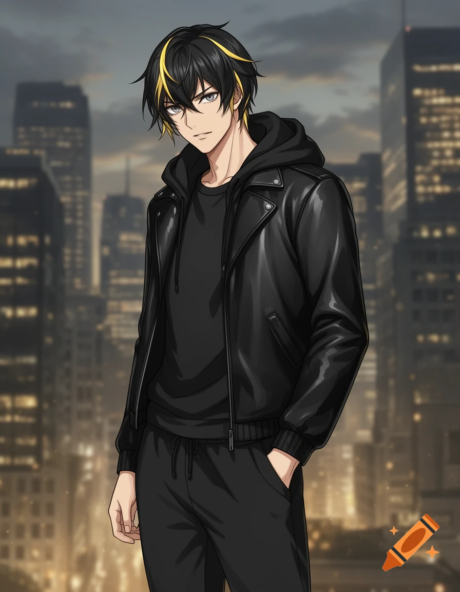 Anime art of a man with black hair and blonde streaks, gray-blue eyes, wearing a black leather jacket, hoodie, and sweatpants against a city skyline.