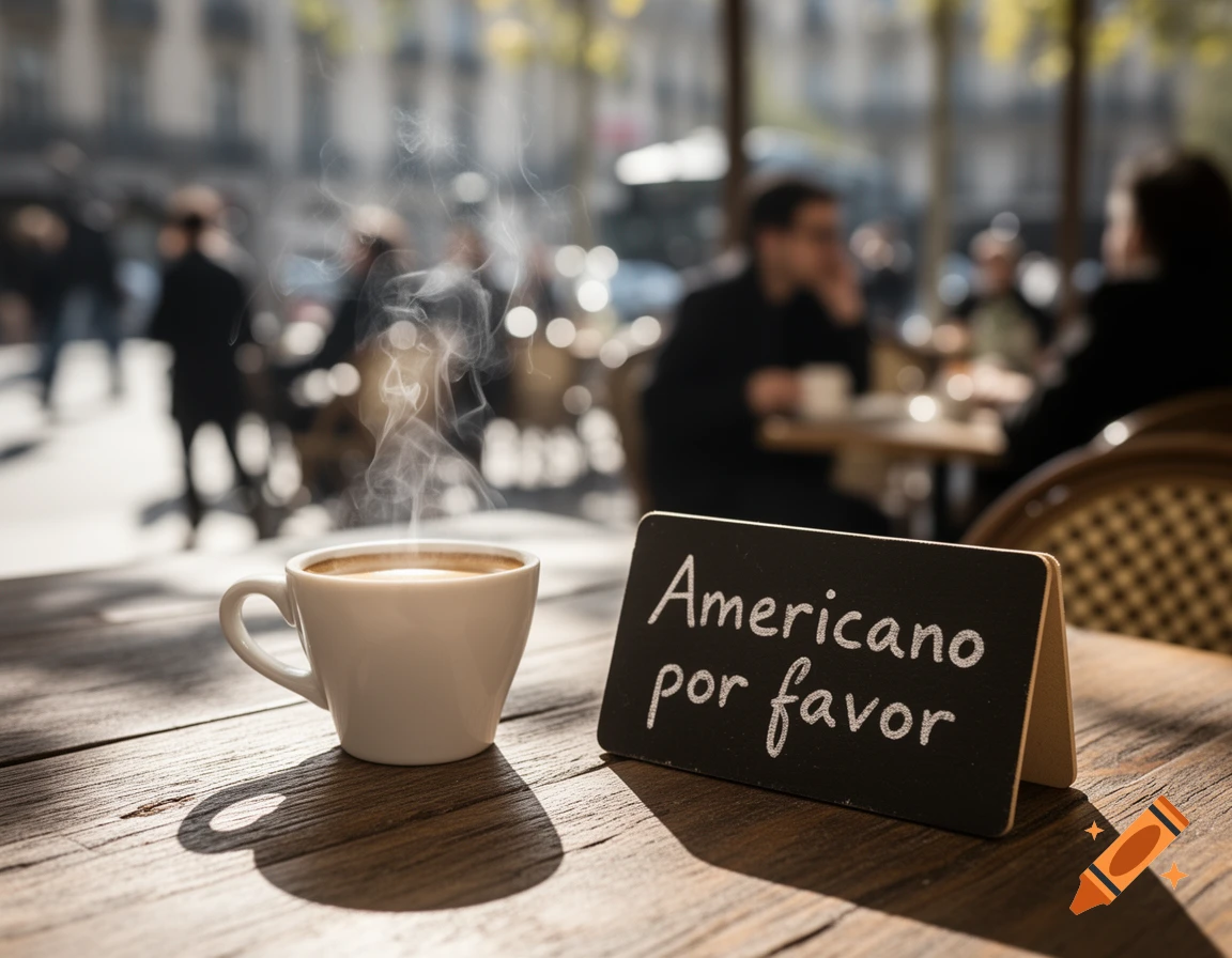 A steaming coffee cup and a sign reading "Americano por favor" on a wooden table in a sunlit outdoor cafe, photorealistic.