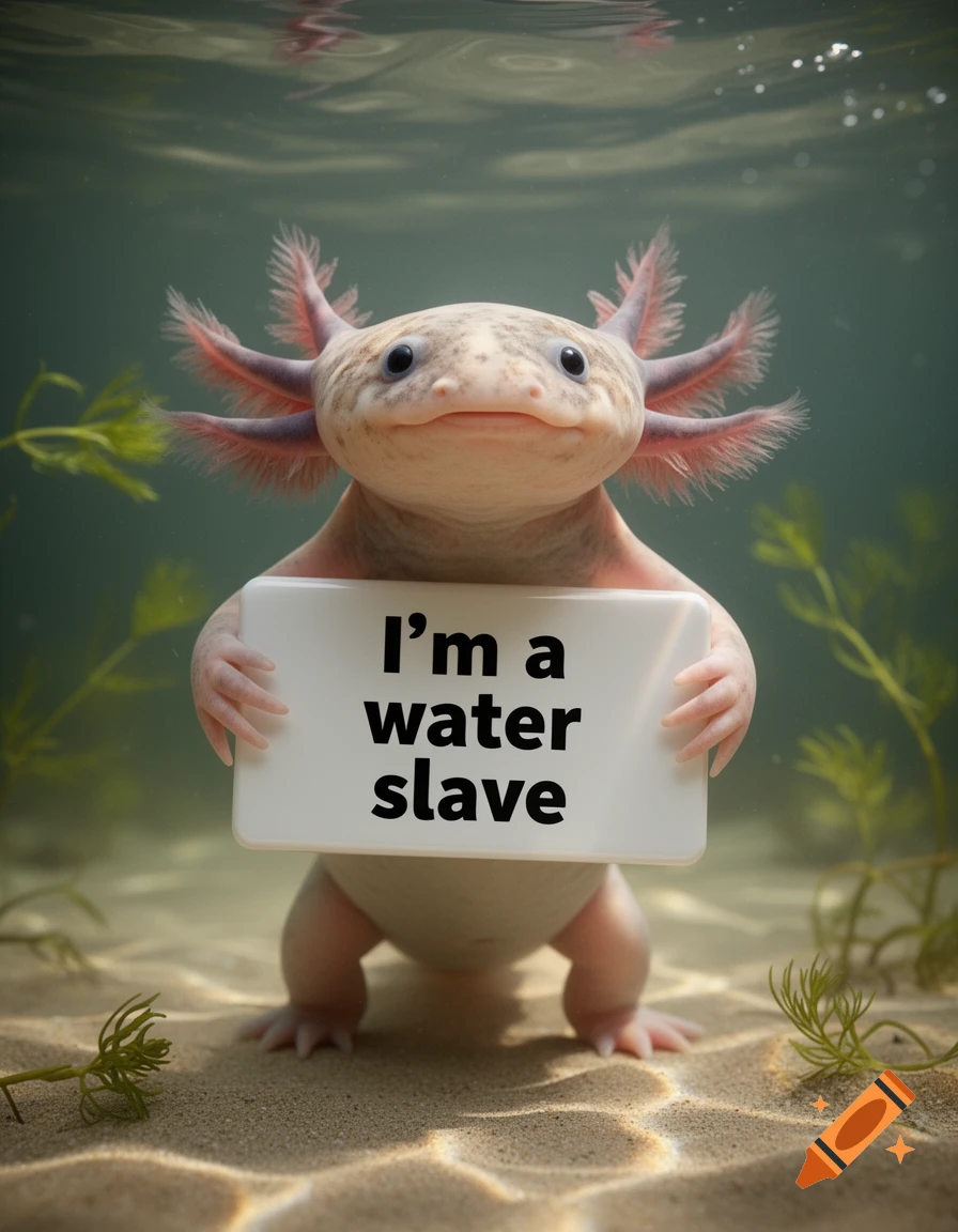 Photorealistic axolotl underwater holding a white sign that says 'I'm a water slave'.